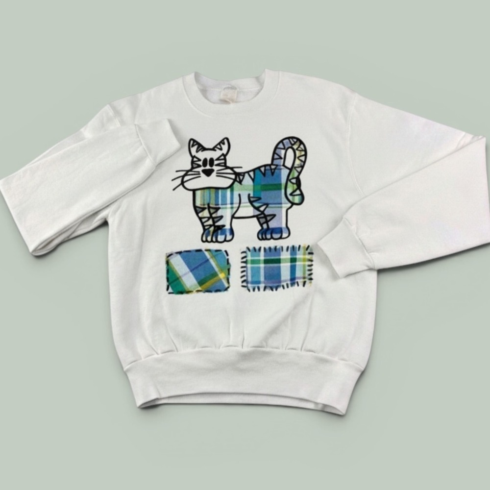 Vintage Fruit of the Loom Plaid Cat Sweatshirt S White Crewneck Applique USA 90s